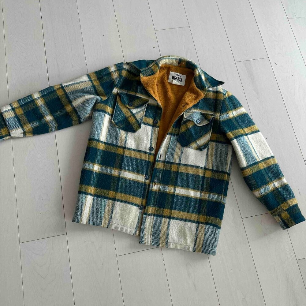 Vintaged Woolrich Jacket Mens Medium Green Yellow Plaid Wool Sherpa Lined